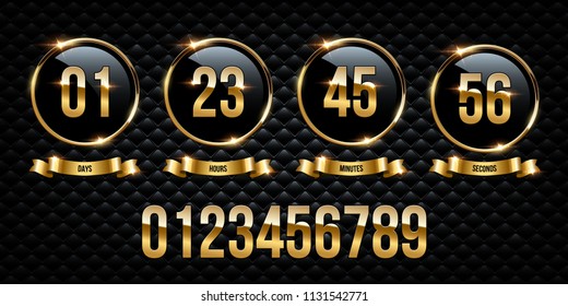 Vector luxury counter. Golden numbers inside golden rings and ribbons on black background.