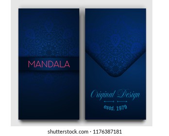 Vector luxury dark vintage brochure design, mandala dark blue print template.