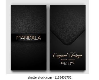 Vector luxury dark vintage brochure design, mandala dark blue print template.