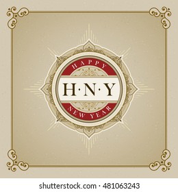 Vector luxury elegant Happy New Year vector frame and emblem template.