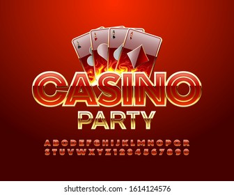 Vector Luxury Emblem Casino Party. Chic Red And Gold Alphabet Letters And Numbers. Unique Elite Font.