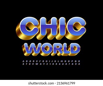 Vector luxury Emblem Chic World. Artistic Font. Blue and Golden 3D Alphabet Letters and Numbers.