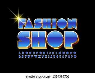Vetor luxo emblema Fashion Shop com fonte 3D criativa. Alfabeto dourado e azul. Letras, números e símbolos isométricos