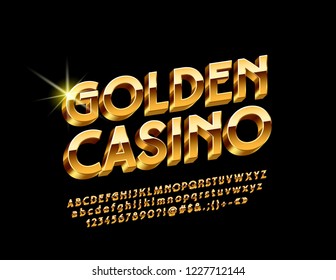 Vector Luxury Emblem Golden Casino. Chic bright 3D Font. Glossy Alphabet Letters, Numbers and Symbols.