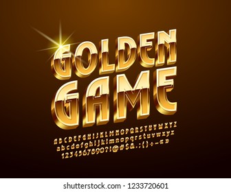 Vector luxury Emblem Golden Game. Chic bright 3D Font. Glossy Alphabet Letters, Numbers and Symbols.