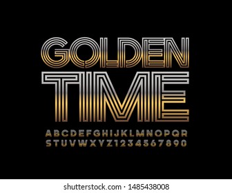 Vector luxury emblem Golden Time with Uppercase Alphabet. Modern line Letters and Numbers. Elegant rich Font