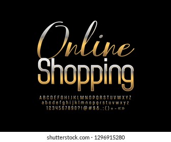 Vector de lujo Emblem Online Shopping. Fuente brillante dorada. Letras, números y símbolos de alfabeto de élite.