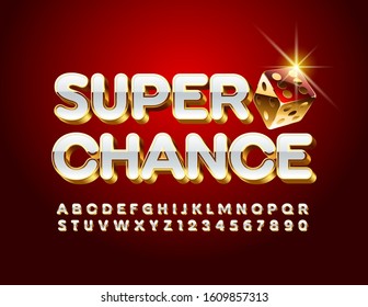 Vector luxury Emblem Super Chance.  Stylish 3D Font. Chic White and Gold Alphabet Letters and Numbers.