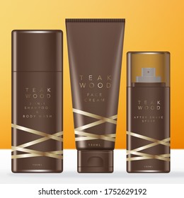 Vector Luxury Festive Brown & Gold Toiletries or Beauty Set with Flat Round Bottle with Tinted Brown Clear Cap & Tube.