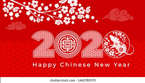 Vector luxury festive cards Chinese New Year 2020 with cute stylized rat, zodiac symbol of 2020 year, blooming sakura branch, Good fortune and longevity sign. Seigaiha pattern on background. 