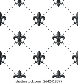 Vetor luxo Fleur-de-Lis Padrão Sem Costura. Flor-de-Lis Real Negra em Fundo Branco. Vintage francês heráldico Fleur-de-Lis padrão para papel de parede, tecido, papel digital, decoração