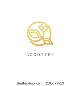 Vector luxury flower logo design. Ornate floral sign. Modern simple line art premium design vector element. Emblem luxury beauty, Wedding salon, spa, cosmetics, hotel, restaurant.