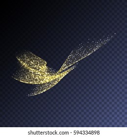 Vector luxury glitter swirl trail transparent light effect. Gold shiny sparkling wavy element for your design.