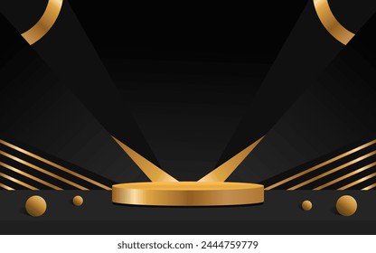 Vector luxury gold round podium, pedestal or platform, background for cosmetic product presentation. 3d podium. Advertising place. Blank product stand background in black colors