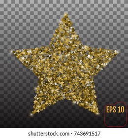 Vector luxury gold star. Element for advertising poster for restaurant, boutique and cafe, jewelry, fashion and party. Vector illustration with 3d stars confetti. 