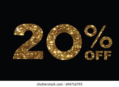 The vector luxury golden glitter twenty percent off special discount word text on black background