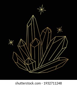 Vector Luxury Golden Linart Sketch Of Quartz Crystals. Pixiecore And Fairycore.