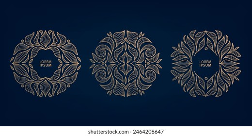 Vector luxury golden logo, flower monogram, line leaf emblem. Elegant label, round frame, royal organic border. Pattern for tea, perfume, wine, wedding, boutique