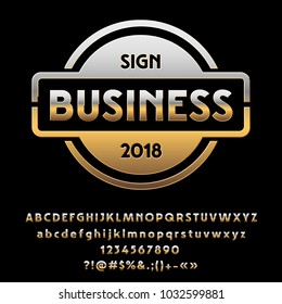 Vector luxury Golden shiny label Business. Chic promo Sign. Set of Alphabet Letters, Numbers and Symbols