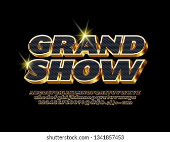 Vector Luxury Grand Show Poster With Gold And Black Font. 3D Premium Alphabet Letters, Numbers And Symbols