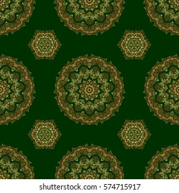 Vector luxury green background with golden elements. Green background. Golden seamless pattern. Glitter background.