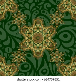 Vector luxury green background with golden elements. Glitter background. Green background. Golden seamless pattern.