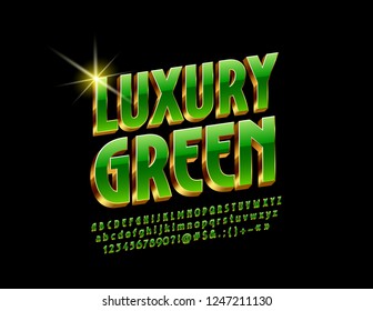 Vector luxury Green and Golden Alphabet Letters, Numbers and Symbols. 3D chic Font.