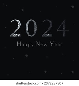 Vector luxury greeting banner for the New Year 2024 with silver text on a dark background.
