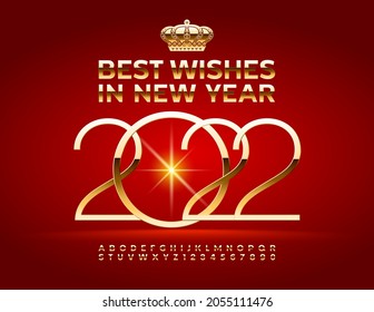 Vector Luxus Grußkarte Beste Wünsche in Neujahr 2022 mit dekorativer Royal Crown. Eleganter Goldener Font. Chic Alphabet Letters and Numbers Set