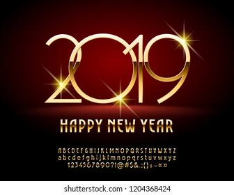 Vector luxury Greeting Card Happy New Year 2019. Chic royal set of Alphabet Letters, Numbers and Symbols. Beautiful Golden Font.