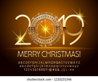 Vector luxury Greeting card Happy New Year 2019 with Gold and Diamond Snowflake. Set of chic Alphabet Letters, Numbers and Punctuation Symbols. Metallic gradient Font. 