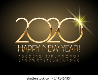 Vector luxury Greeting Card Happy New Year 2020. Set of Golden Alphabet Letters and Numbers. Elegant Uppercase Font