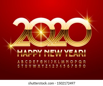 Vector luxury Greeting Card Happy New Year 2020. Unique Golden Font. Stylish Alphabet Letters and Numbers.