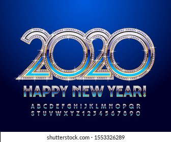 Vector luxury Greeting Card Happy New Year 2020! Chic Golden and Blue Font with Diamonds. Stylish Alphabet Letters and Numbers.