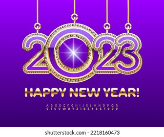 Vector luxury Greeting Card Happy New Year with decorative toys 2023! Artistic Gold Font. Shiny Chic Alphabet Letters and Numbers