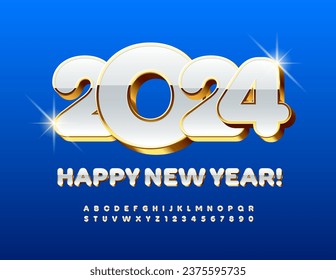 Vector luxury Greeting Card Happy New Year 2024! White and Golden chic Font. Elite 3D Alphabet Letters and Numbers set