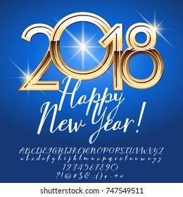 Vector luxury greeting card Happy New Year 2018. Calligraphic Set of Alphabet Letters, Numbers and Symbols. Font contains Graphic style