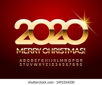 Tarjeta de felicitación de lujo vectorial Feliz Navidad 2020. Conjunto real de letras y números alfabetos. Fuente de oro única