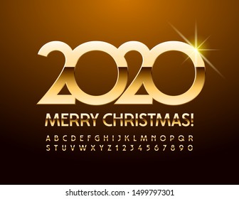 Vector luxury Greeting Card Merry Christmas 2020! Chic royal set of Alphabet Letters and Numbers. Stylish glossy Font. 