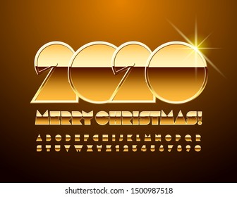 Vector luxury Greeting Card Merry Christmas 2020! Stylish Alphabet Letters and Numbers. Chic Golden Font