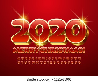 Vector luxury Greeting Card Merry Christmas 2020. Chic Gold and Red 3D Font. Playful Alphabet Letters and Numbers.