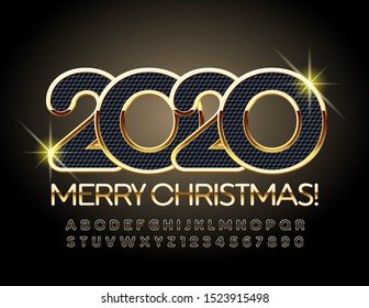 Vector luxury greeting card Merry Christmas 2020 with elite Font. Black and Golden textured Alphabet Letters and Numbers