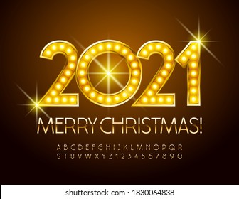 Vector luxury greeting card Merry Christmas 2021! Vintage style Font. Gold elegant Alphabet Letters and Numbers set