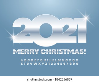 Vector luxury greeting card Merry Christmas 2021! Silver modern Font. Metallic Alphabet Letters and Numbers set