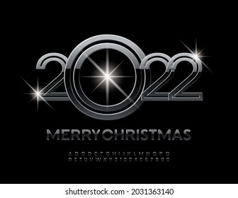 Vector luxury Greeting Card Merry Christmas 2022! Dark Metallic Font. Glossy Alphabet Letters and Numbers set