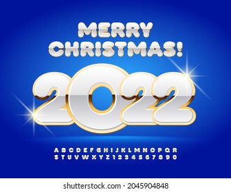 Vector luxury Greeting Card Merry Christmas 2022! Gold and Snow White Font. Bold elite Alphabet Letters and Numbers set