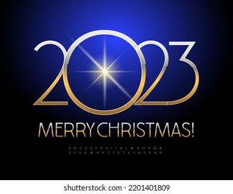 Vector tarjeta de felicitación de lujo Feliz Navidad 2023! Elegante Tipo Delgado.  Conjunto de letras y números de los alfabetos dorados. 