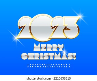 Vector luxury Greeting Card Merry Christmas 2023! Pearl and Golden Font. Elite Alphabet Letters and Numbers set.