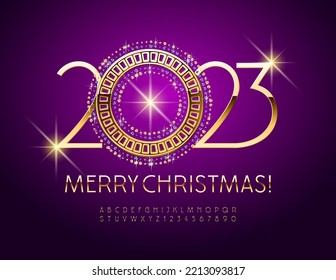 Vector luxury Greeting Card Merry Christmas 2023 with Gold and Diamond Snowflake. Elegant Font. Chic Alphabet Letters and Numbers
