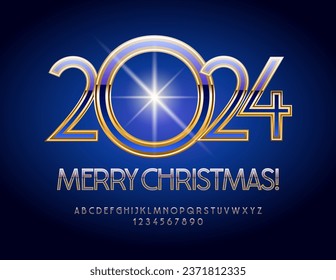 Vector luxury Greeting Card Merry Christmas 2024! Stylish shiny Font. Chic Blue and Gold Alphabet Letters and Numbers set